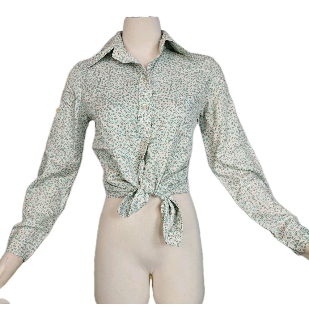 Vintage 1970's Blouse Top Shirt‎ Pointed Collar Petite Green Floral Print Button